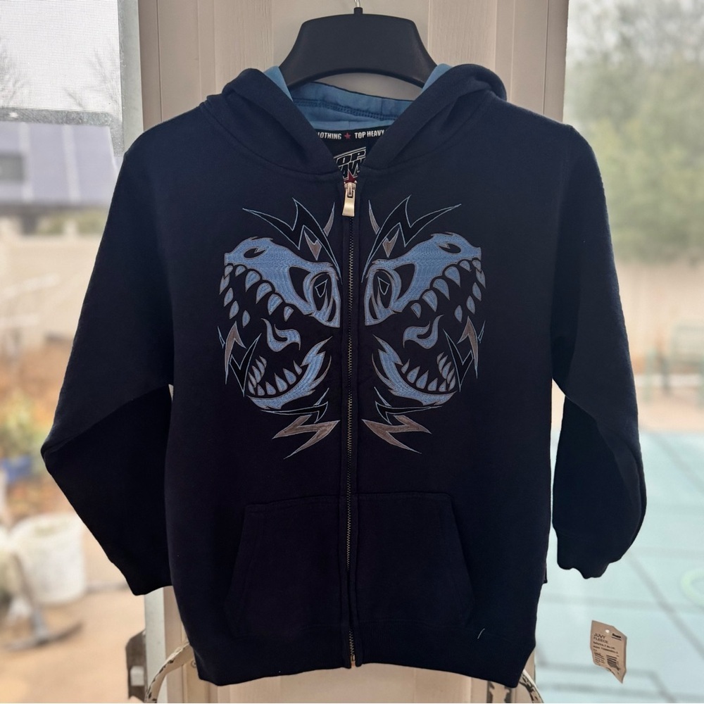 NWT TOP HEAVY Boys Hoodie Zip Up Jacket Y2K Vintage Tribal Dragon Blue Size 4 S